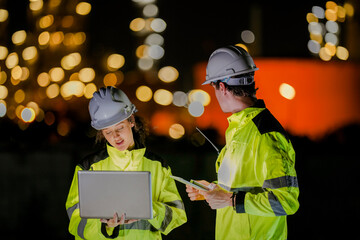 Female engineer in high visibility jacket uses a radio while analyzing data on a laptop during a...