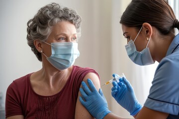 A nurse administers a vaccine to a senior woman wearing a face mask