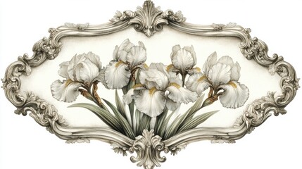 Ornate frame surrounds a detailed depiction of white irises.