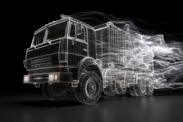 Wireframe model of cargo truck turning into data stream