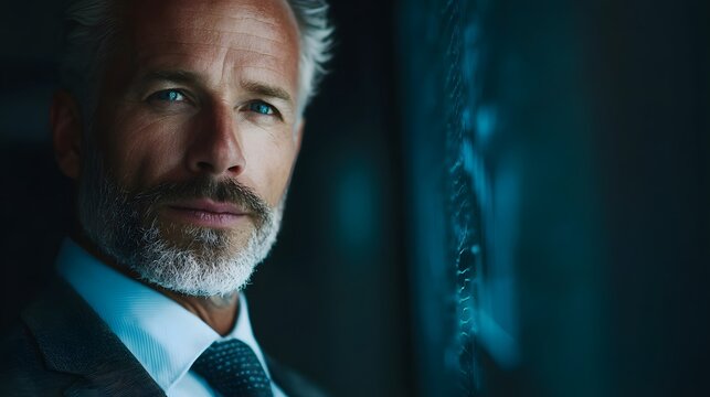 Mature business executive standing in front of digital financial interface