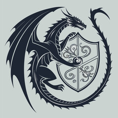 A dragon with wings encircling a shield adorned with floral designs and a curled spiky tail design