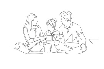 Family relaxing while reading a book. Family relaxing concept one-line drawing