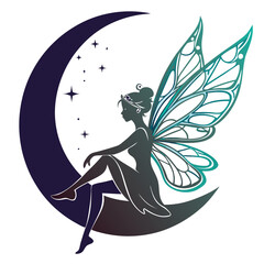 Silhouette of a fairy with wings sitting on a crescent moon surrounded by stars in the night sky © Tayyab