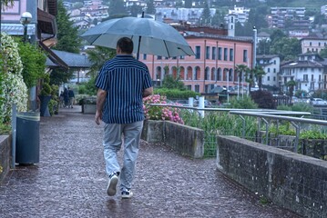 A man walks by the lake with an umbrella in the rain.