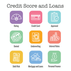 Credit Score and Loans Icon Set with Approved Credit Underwriting Interest Rates Debt Mortgage Refinance