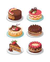 Variety of Cakes: Chocolate, Cherry Topped, Slice, and More for Dessert Illustrations