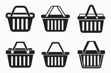 shopping basket icon set, retail cart vector, mobile store graphic, black white illustration







