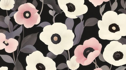 Floral pattern with pastel pink and white anemones on a dark background.