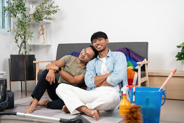 Cozy Moments and Cleaning. Two friends enjoying time together while tidying their home.