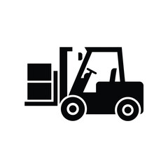 Black silhouette of a forklift truck lifting a pallet of boxes on a white background