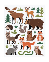 Vector Illustration of Forest Animals: Moose, Deer, Bear, Fox, Wolf, Owl and Other Wildlife