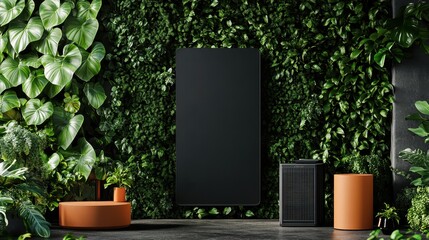 Empty black screen against a lush green wall of foliage.