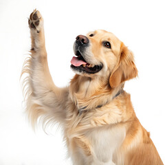Golden retriever raising its paw in a white background studio shot looking upwards with its tongue out