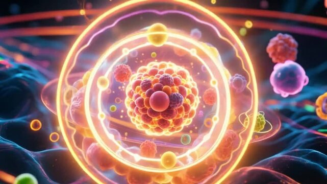 Futuristic Visualization of Glowing Atomic Structure in Subatomic Particle Simulation