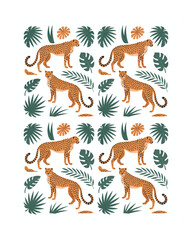 Seamless Pattern of Cheetahs with Tropical Leaves and Flowers, on White Background, Exotic Animal