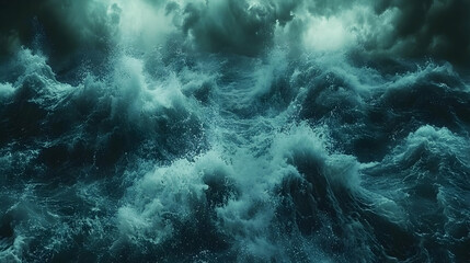Dramatic stormy ocean waves crashing under a dark, brooding sky. Powerful image depicting the raw power and beauty of nature's fury.