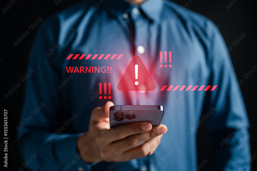 Poster Cybersecurity warning alert on smartphone with red triangle for online danger