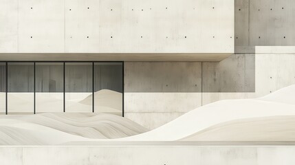 Modern concrete architecture with sculpted sand dunes.