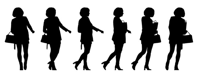 Vector concept conceptual black silhouette of a woman with a bag from different perspectives isolated on white background. A metaphor for casual, fashion, relaxation, leisure and lifestyle