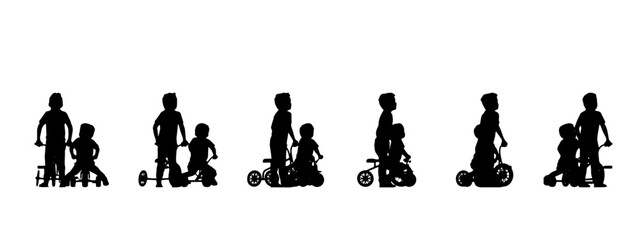 Vector concept or conceptual black silhouette of children playing on tricycle from different perspectives isolated. Metaphor to childhood, family, free time, carefree, happiness, play and lifestyle