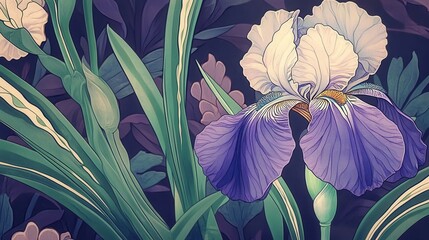 Detailed illustration of purple and white irises amongst lush foliage.