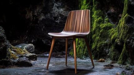 Modern wooden chair set against a mossy rock wall.