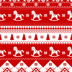 Seamless Christmas pattern with horse. Red and white Happy New Year background. Vector design for winter holidays.