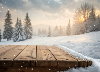 Snow-covered wooden bridge in a winter forest landscape under a frosty blue sky