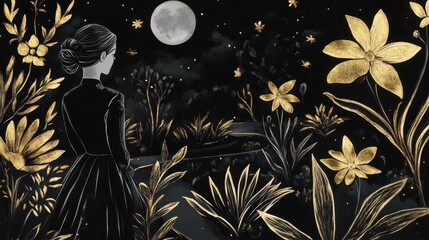 A woman gazes at a night garden filled with gold flowers.