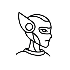 Stylized line art portrait of a futuristic robot head in profile