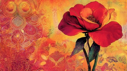 Vivid red flower design on a textured background.