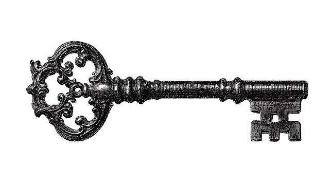 Illustration of an old-fashioned key in vintage stipple engraving style isolated on transparent background
