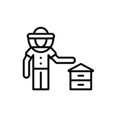 Beekeeper in protective suit tending to a beehive with a simple line art style