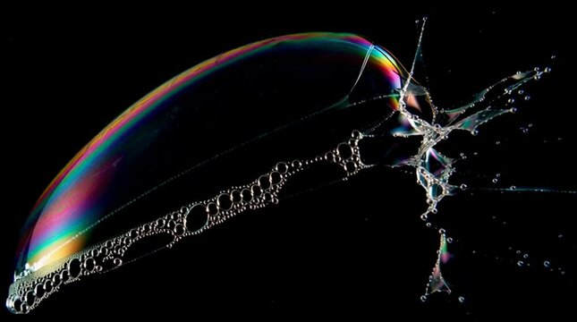 A cinematic macro video of a soap bubble bursting in slow motion. The iridescent membrane shimmers with rainbow colors before tearing in a beautiful, rippling explosion.

