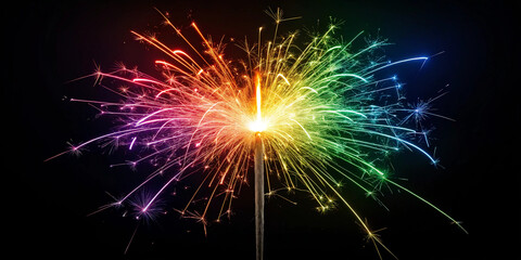 Fototapeta premium Fireworks in rainbow colors. Sparkle. Sparkle. Celebrate. Fireworks in the night sky. A summer festival. Sparks. A summer tradition. Festivals.