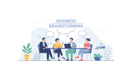 Creative business team brainstorming innovative ideas with laptops in a modern office setting