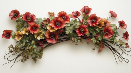 Detailed arrangement of red and rust-colored flowers.