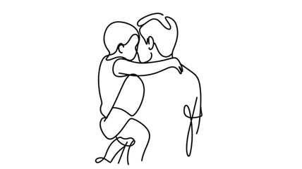 Minimalist line art of a father holding his child close in a loving embrace