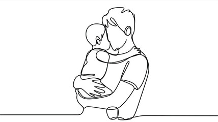 Father holding his child in a loving embrace depicted in a minimalist continuous line drawing
