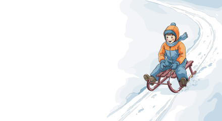 Smiling child sledding downhill on snowy path in winter