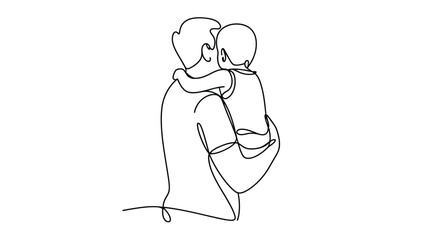 Father holding his child in a loving embrace with a continuous line drawing