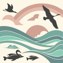 Illustration of birds flying over wavy ocean with sun, clouds and rainbow in the background concept art