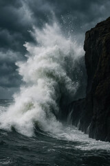 Obraz premium Dramatic illustration of a powerful ocean wave crashing against dark, rugged cliffs under a turbulent, stormy sky, symbolizing raw strength and untamed natural force.