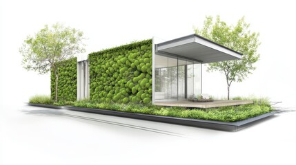 Modern house with a lush green wall facade.