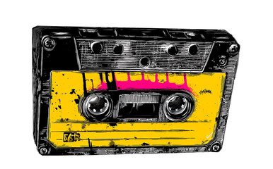 Retro cassette tape graphic in graffiti stencil style with dripping paint effect.png