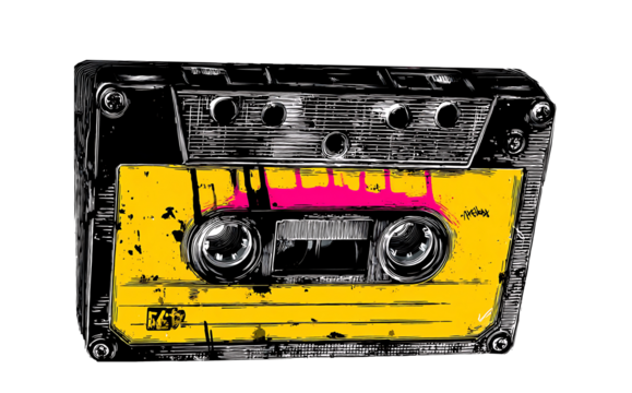 Retro cassette tape graphic in graffiti stencil style with dripping paint effect.png