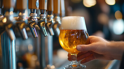 Hand holding a frothy glass of draft beer at a bar counter, golden lager freshly poured from stainless steel tap, alcoholic beverage close up, evening pub atmosphere, refreshing drink concept image