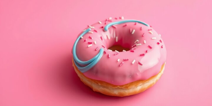 Pink frosted donut with blue icing swirl & sprinkles on pink background, sprinkle, delicious