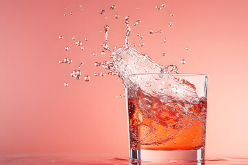 Red juice splash captured in transparent glass on pastel pink background, liquid explosion motion, cold beverage freshness, water splash dynamics, drink spill concept, high speed photography freeze